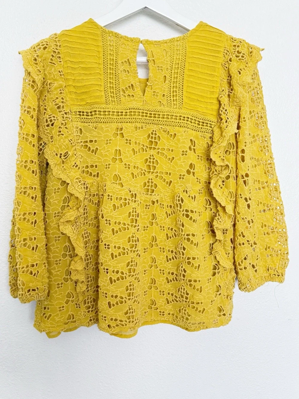 Anthropologie Clementine Eyelet Lace Ruffle Babydoll Blouse Yellow US 12